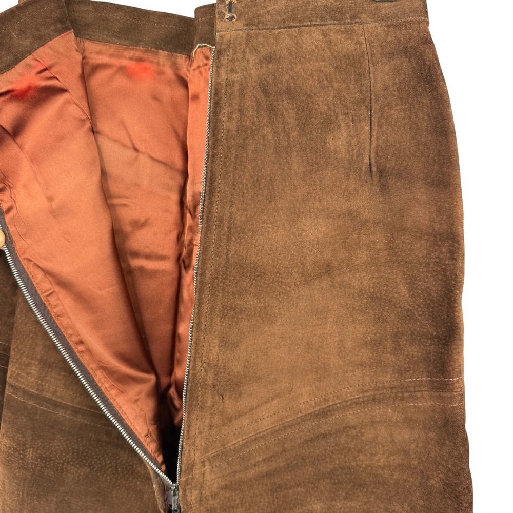 Vintage 70s Suede Leather Midi Skirt Women 26 Brown Western Boho Paneled A-Line - Picture 7 of 11